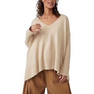 FREE PEOPLE Orion A-Line Tunic Sweater Oversized V-Neck Ribbed Neutral | Large